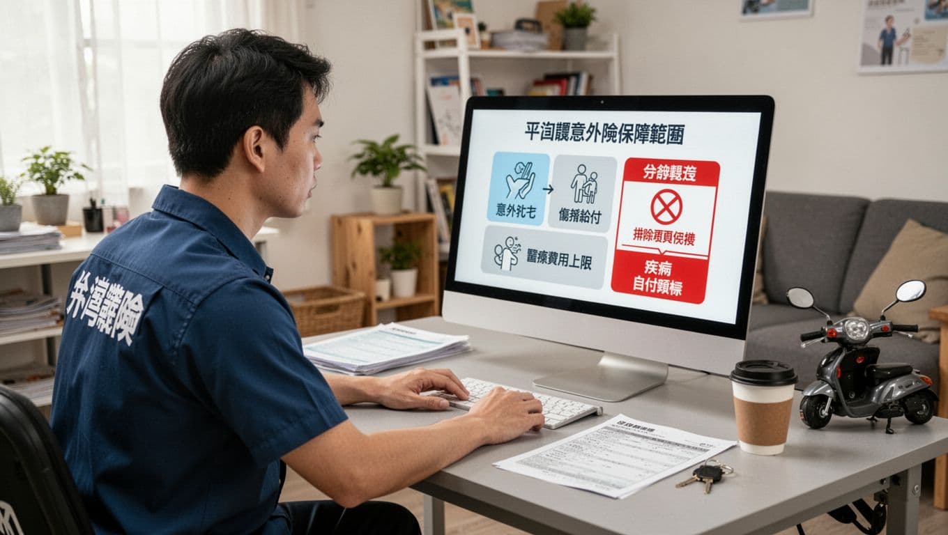 A Taiwanese delivery worker sits at a simple desk in a bright apartment, viewing a computer screen displaying a platform group accident insurance coverage chart with icons for accidental death, disability benefits, and medical limits, marked exclusions in red; desk holds policy documents, coffee cup, and scooter keys.