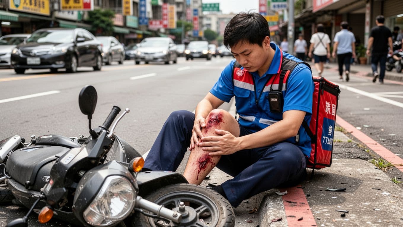 外送員受傷怎麼處理?第一時間該做這3件事 A Taiwanese food delivery rider in uniform sits roadside after scooter accident, inspecting bleeding knee scrape and bruised arm, with tipped scooter nearby on busy urban street.