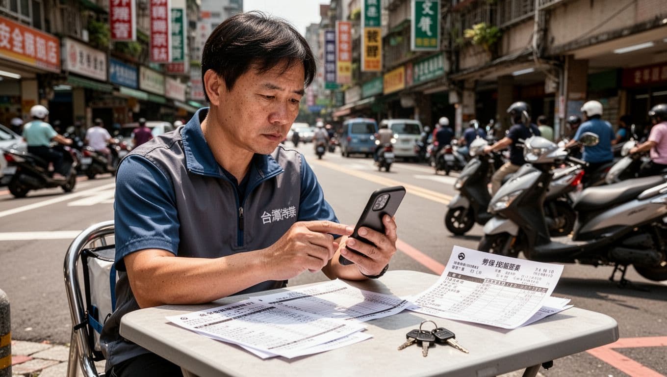 外送員勞保年資與級距規劃:退休保障從這裡開始 A Taiwanese delivery worker sits at a roadside table in Taipei, intently checking labor insurance premium levels on his phone, with old-age pension calculations, medical bills, and scooter keys on the table, under sunny natural light in a busy street scene.