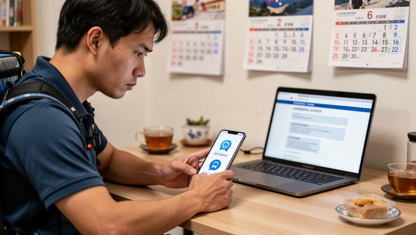 外送員受傷怎麼處理?第一時間該做這3件事 Photorealistic image of a single Taiwanese food delivery rider at a simple home desk in an apartment, relaxed hands on table while checking smartphone with abstract delivery app notifications. Nearby laptop shows blurred government complaint form, with Taiwanese elements like tea cup and calendar.