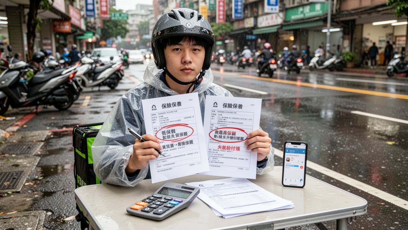 A young Taiwanese delivery worker wearing a raincoat and helmet sits at a simple street table in Taipei, holding two insurance policy documents: one with low premium and coverage, the other highlighting high coverage and disability benefits. A calculator and delivery app phone are on the table, with a busy urban street background featuring parked scooters and wet pavement after rain.