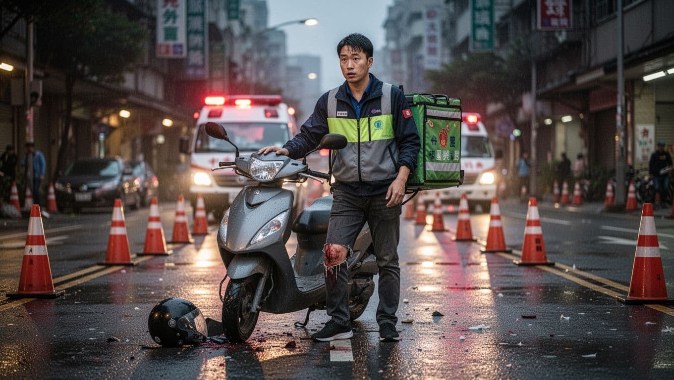 Photorealistic scene of a Taiwanese food delivery rider standing relaxed beside his scooter on a wet Taipei street at dusk after a minor accident, with helmet on ground, slight knee injury, concerned expression, and blurred distant ambulance lights.