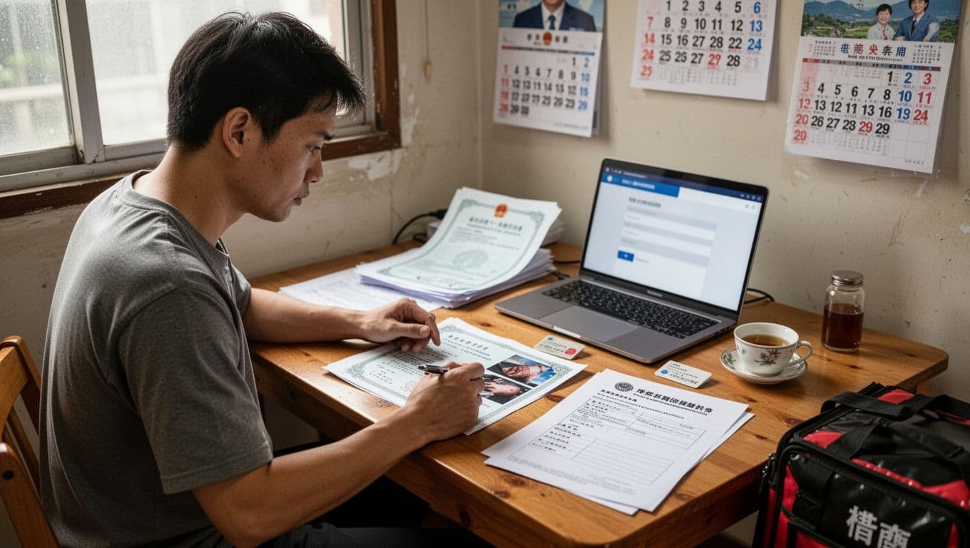 外送員受傷怎麼處理?第一時間該做這3件事 In a modest Taiwanese apartment, a food delivery rider in casual clothes sits at a wooden desk cluttered with organized papers including a medical diagnosis certificate, injury photos, union membership card, and labor insurance application form. The rider holds a pen, focused under soft natural light, with a laptop displaying a blurred government form nearby.