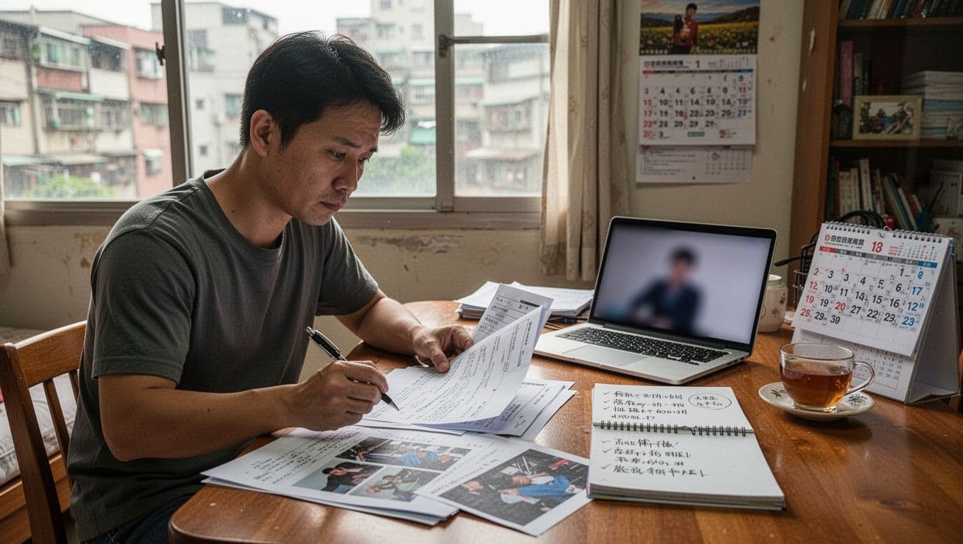 外送員受傷怎麼處理?第一時間該做這3件事 Photorealistic daytime scene in a modest Taiwanese apartment features a single food delivery rider in casual clothes sitting at a wooden desk, carefully reviewing labor insurance documents, injury photos, and a notepad with pitfalls notes, holding a pen with a cautious, focused expression under natural window light.