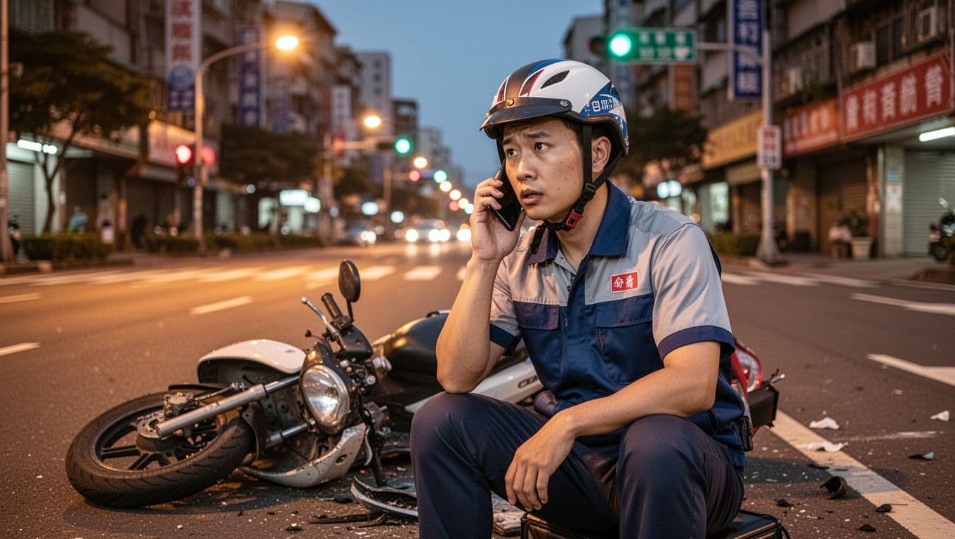 外送員受傷怎麼處理?第一時間該做這3件事 A photorealistic image depicts a single Taiwanese food delivery rider in helmet and uniform, sitting beside his fallen scooter on an urban street during evening. He holds a smartphone to his ear with a concerned yet composed expression under warm streetlight illumination.