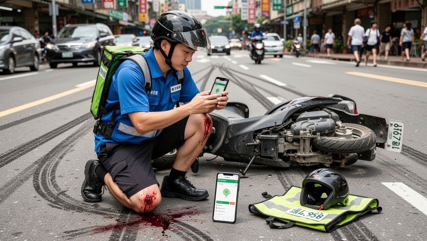 外送員受傷怎麼處理?第一時間該做這3件事 Realistic daytime scene of a single Taiwanese delivery rider in uniform kneeling beside his fallen scooter on a busy urban street, photographing his bleeding knee, skid marks, license plate, delivery app, and scattered safety gear.