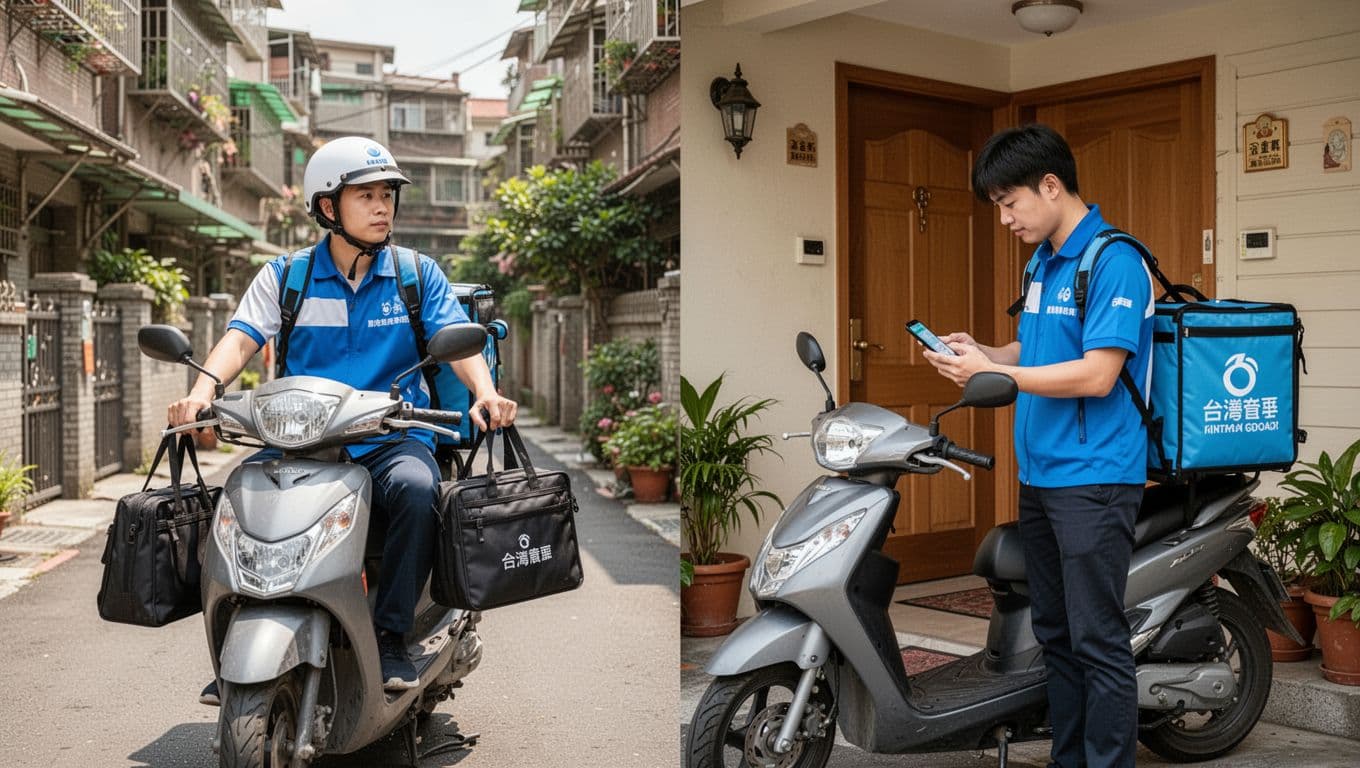 A part-time delivery rider in uniform rides a scooter home with a briefcase on the left, contrasted with a full-time rider checking his scooter and app orders at his doorstep on the right, set in a sunny Taipei residential neighborhood. Realistic photo style with urban residential mood, wide landscape composition.