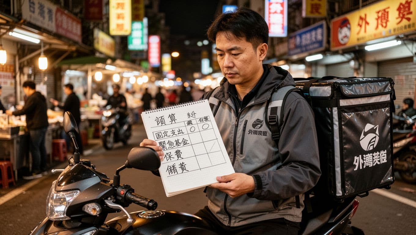 外送員勞保年資與級距規劃:退休保障從這裡開始 A Taiwanese food delivery worker stands beside his scooter holding a notebook with a simple abstract budget table for fixed expenses, emergency fund, insurance, and savings. Background shows vibrant Taipei night market lights, delivery box, and warm illumination in a realistic photography style with focused calculating expression.