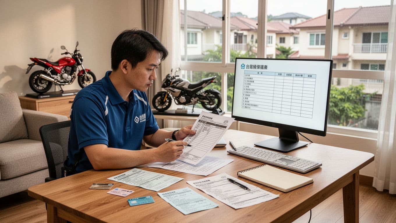 A Taiwanese food delivery worker sits at a bright living room table, meticulously checking insurance policy documents. Scattered on the table are a labor insurance card, union certificate, accident insurance receipts, and a notebook, with a computer screen displaying a simple checklist; background includes a scooter model and a view of the residential area outside the window.