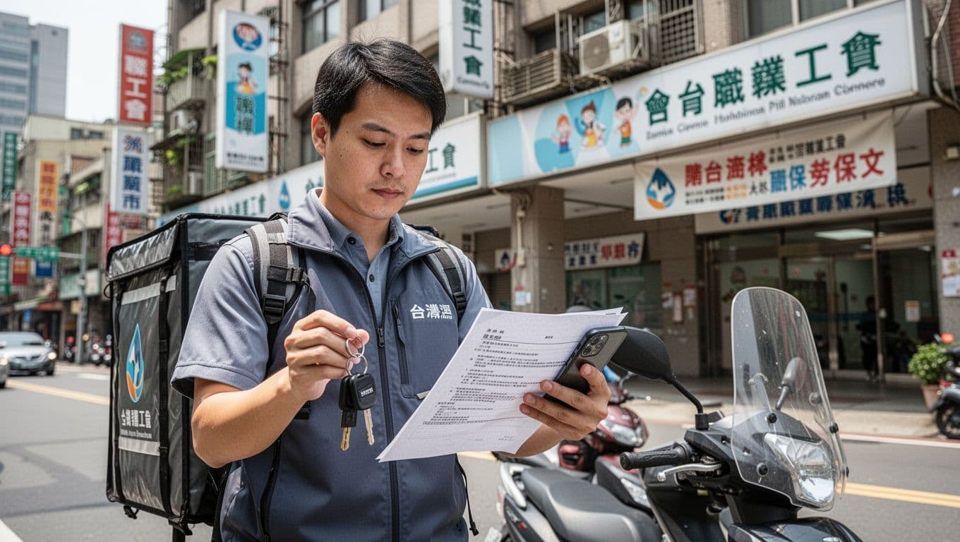 外送員勞保年資與級距規劃:退休保障從這裡開始 A Taiwanese delivery worker stands on a bustling Taipei street, holding scooter keys and a phone while checking labor insurance documents. The scene features a company building and occupational union sign in the background, captured in bright natural daylight with a professional, realistic photographic style.