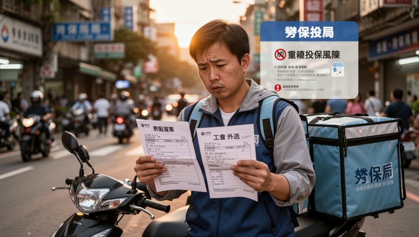 外送員勞保年資與級距規劃:退休保障從這裡開始 A Taiwanese food delivery worker stands by his scooter on a busy street, holding two labor insurance documents—one company full-time and one union delivery—with a puzzled yet focused expression. Blurred background shows labor bureau website indicating duplicate insurance risks, under warm sunset lighting in realistic photography style.