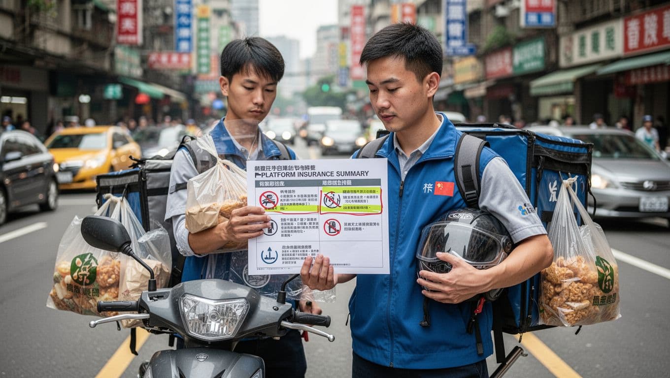 A Taiwanese delivery worker stands next to his scooter on a busy Taipei street, examining a printed platform insurance summary document with highlighted exclusions for non-delivery time periods, holding his helmet under one arm in a relaxed pose.