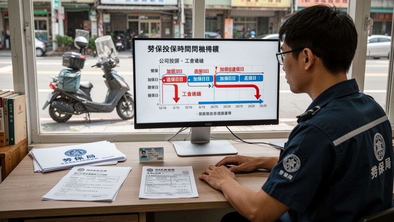 外送員勞保年資與級距規劃:退休保障從這裡開始 A Taiwanese delivery worker sits at a simple desk, focused on a computer screen showing a detailed labor insurance timeline chart with enrollment and withdrawal dates for company and union coverage, highlighted by red arrows. The desk features labor bureau documents, ID card, union membership card, and delivery platform income proof, with a scooter parked outside the window in bright natural light.