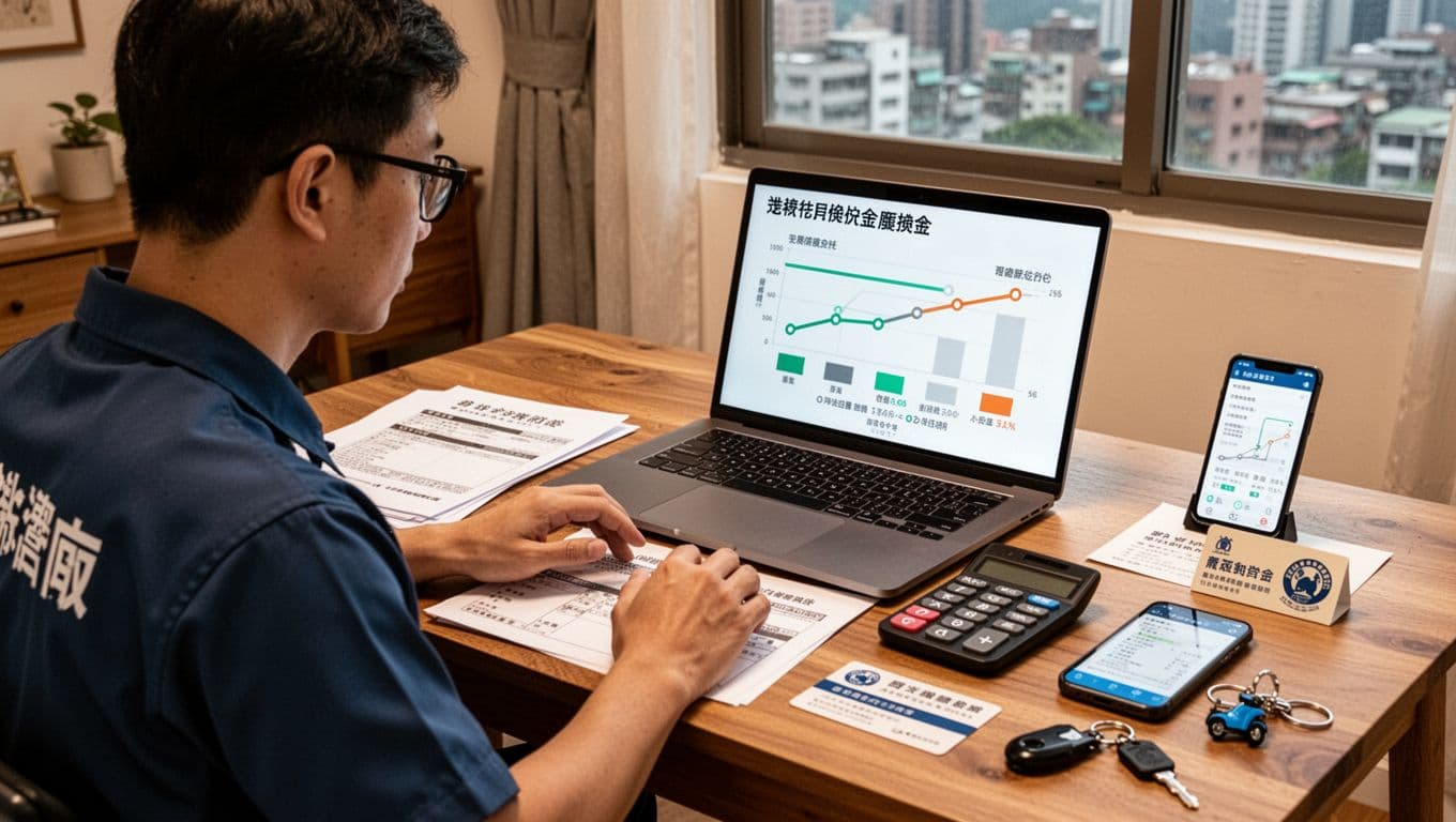 外送員勞保年資與級距規劃:退休保障從這裡開始 A Taiwanese food delivery worker sits at a wooden desk in a cozy Taipei apartment, intently planning labor insurance and retirement routes on a laptop displaying a timeline chart with seniority lines and contribution bars.