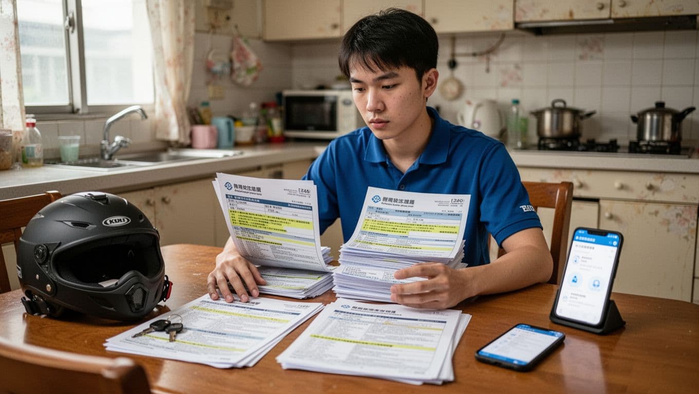A young Taiwanese part-time delivery worker sits at a kitchen table in a modest apartment during daytime, reviewing stacks of accident and medical insurance policy summaries with a cautious expression. Nearby are a helmet, scooter key, and blurred smartphone with insurance app under natural window light.