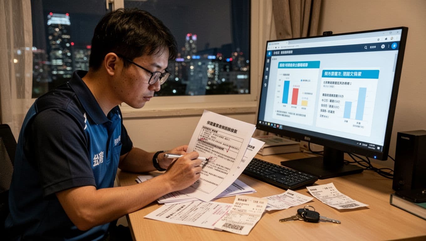 A Taiwanese delivery worker wearing glasses intently reads and annotates insurance policy terms at a small apartment desk, with hospital receipts and scooter keys scattered around, computer showing simplified summaries, and Taipei night lights in the background.