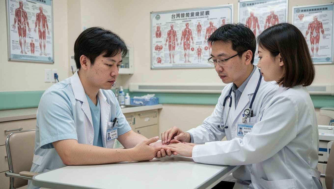 接案者意外失能,勞保能給多少保障? A focused Taiwanese freelance designer has their right hand function checked by a doctor in a clean hospital consultation room, featuring soft lighting, neutral tones, and high-detail realistic medical photography with medical charts in the background.