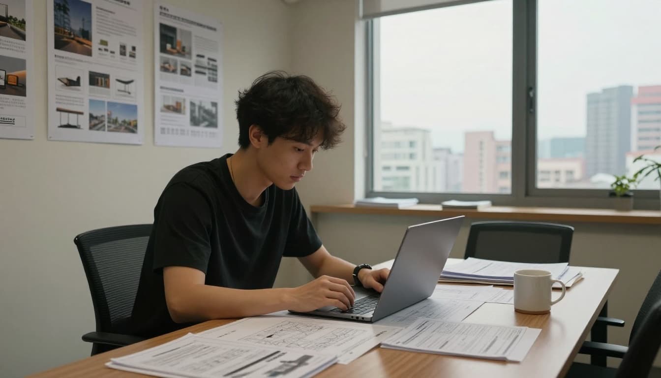 如何選低風險工會加保?三大風險比較一次看 A single young designer reviews blueprints and a laptop at a tidy table in a modest Taiwanese professional union office for designers, surrounded by project posters, with membership forms and a coffee mug in the foreground, and a window overlooking Taipei cityscape in soft daylight.