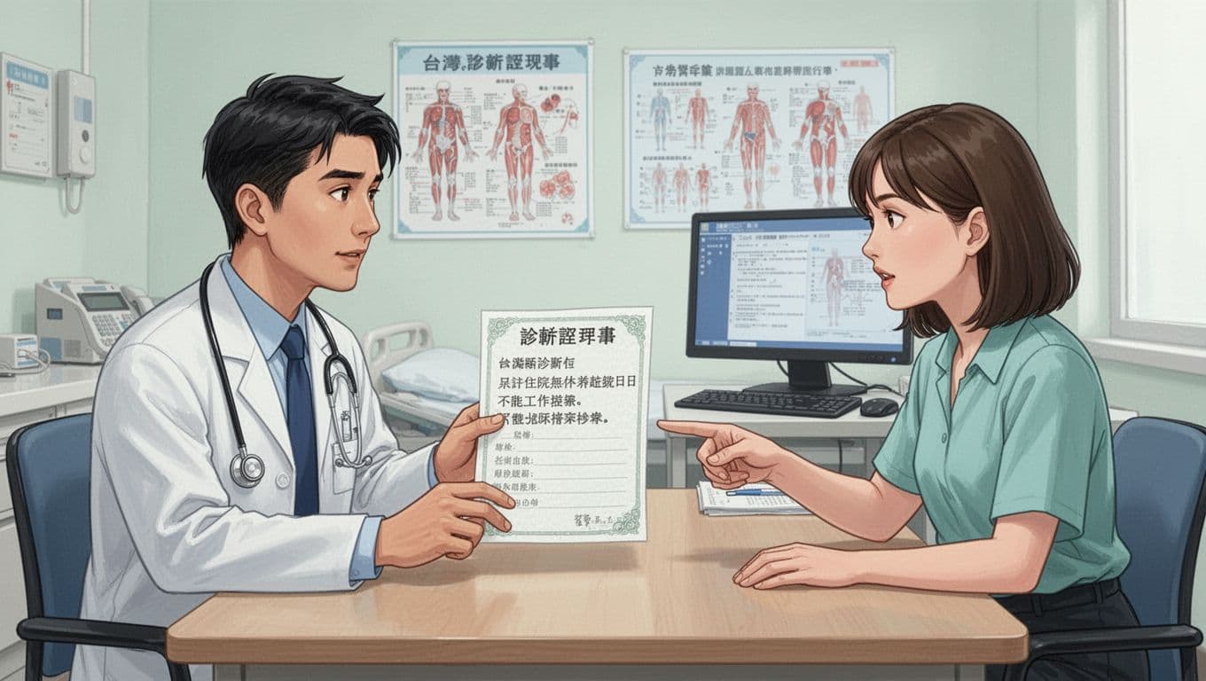 接案者住院不能工作,勞保傷病給付申請步驟全解析 A Taiwanese doctor holds a minimally detailed diagnosis certificate at a clinic desk, while a freelancer points to it with questions in a professional medical environment featuring charts, computer, and soft lighting.