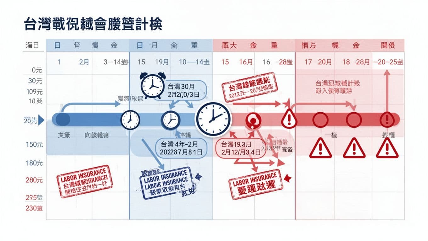 Landscape calendar view infographic for Taiwanese dual job shifts overlapping, with clock icons for mid-month join/leave dates, labor insurance stamps with add/remove arrows, red warning icons for disputes, and a simple timeline in blue and red tones on a white background.