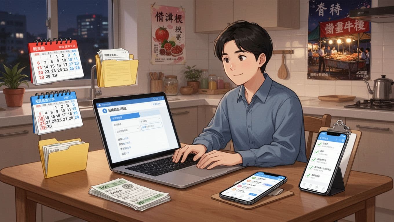 Simple landscape illustration of a Taiwanese dual-job worker at a kitchen table using a laptop to check labor insurance status online, surrounded by icons like calendar, document folder, and checklist in a cozy evening home setting with subtle Taiwanese elements.