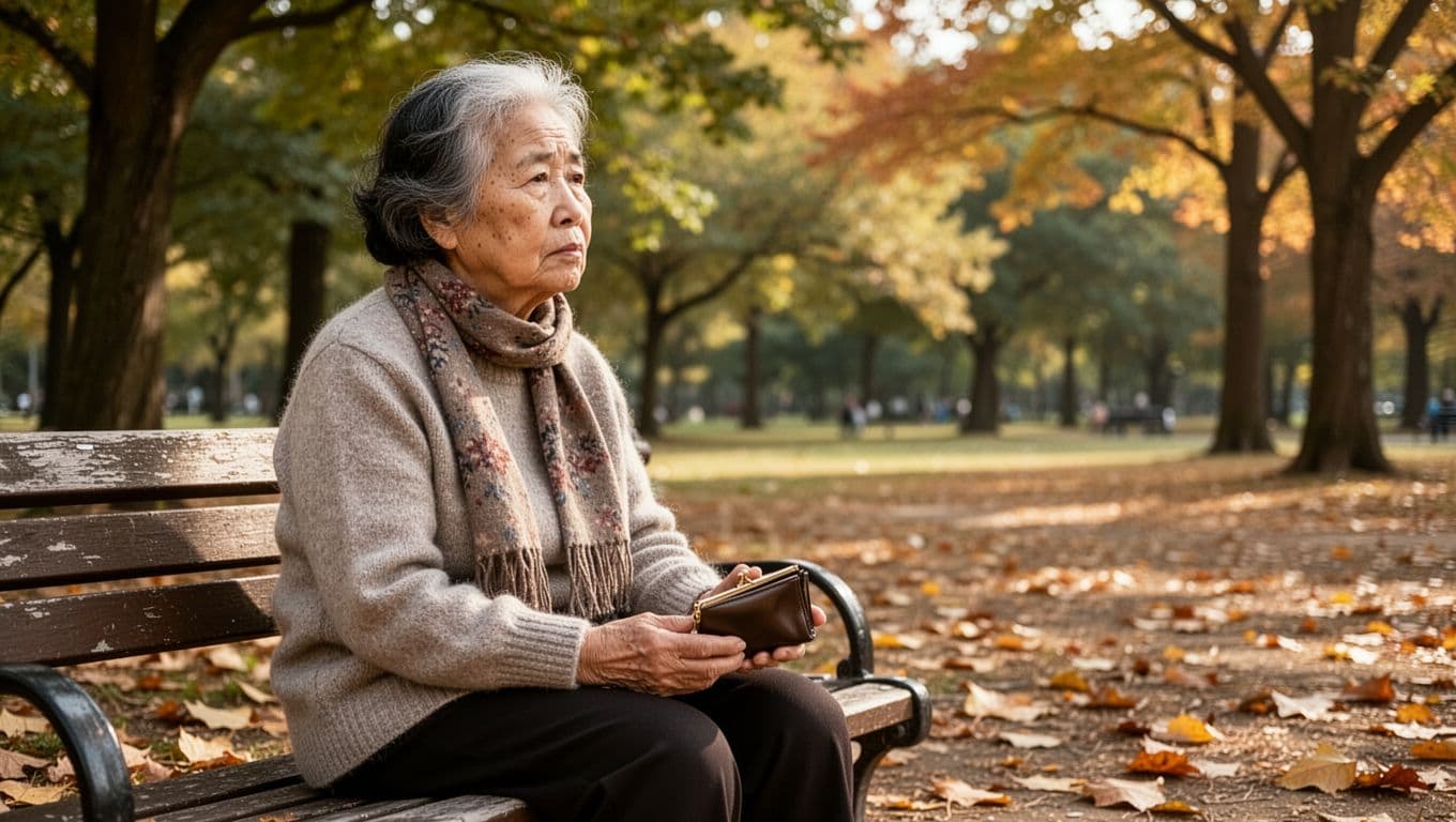 家庭主婦兼職收入少也要加保勞保嗎 用風險角度看 An elderly Taiwanese housewife sits alone on a park bench in an autumn park, gently holding an empty wallet with a worried and lonely expression under soft sunlight.