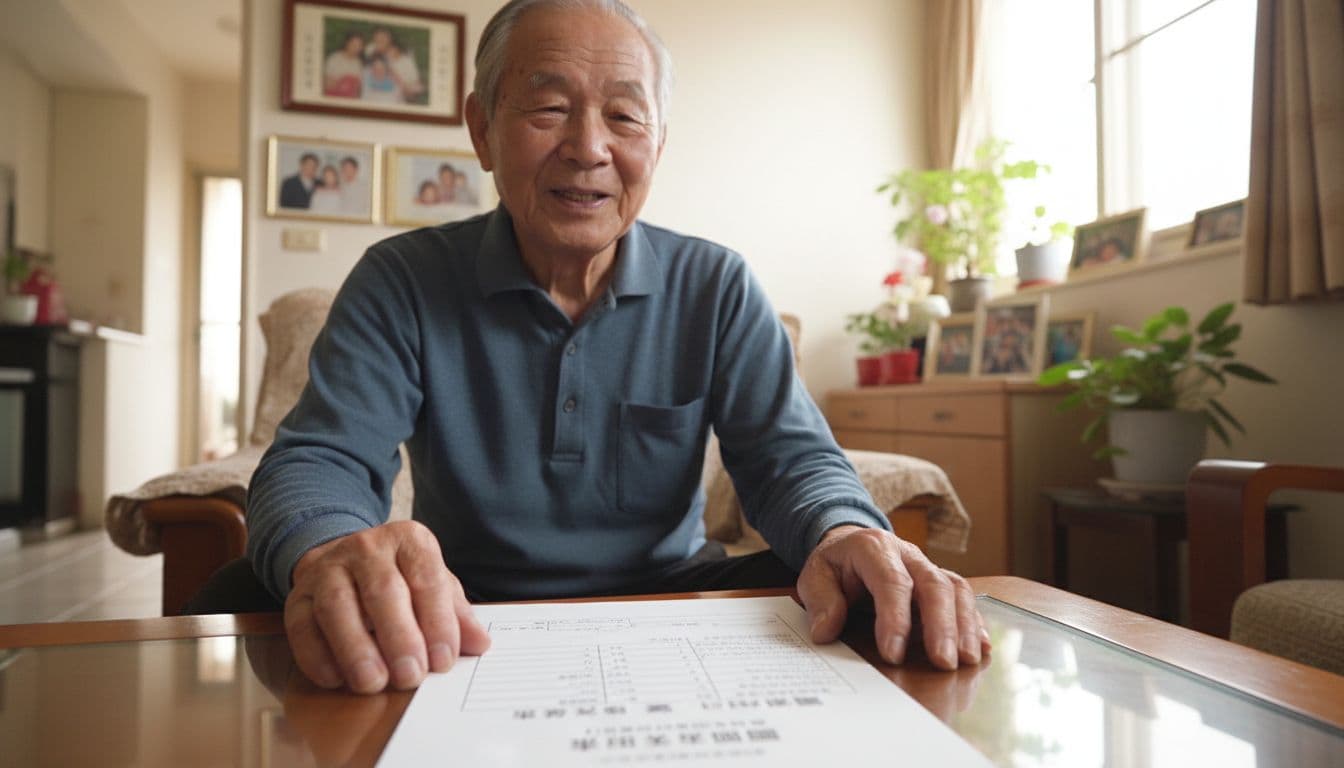 國民年金沒繳怎麼辦?對退休影響與補繳全指南 An elderly Taiwanese man sits smiling in a sunlit comfortable living room, examining a national pension calculation table displaying years of service, with family photos and green plants in the background, warm natural light and peaceful atmosphere.
