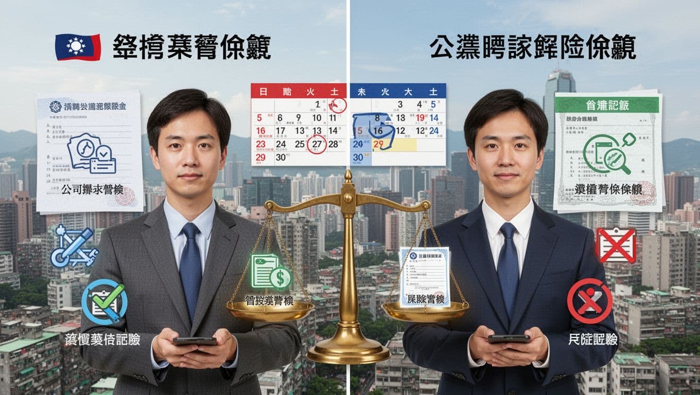工會加保年資被取消,還能救回來嗎?一般處理方向 Split-scene infographic comparing Taiwanese company labor insurance and freelance union insurance for an employee, with calendar highlighting overlaps, document icons, and a central scale balancing one valid coverage, set against Taipei urban background in realistic illustrative style.