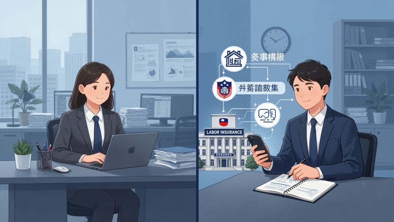 Split-screen landscape illustration in blue tones depicting a Taiwanese employee at a desk with laptop in an office and a freelancer with phone and notebook at home, connected to labor insurance icons and union building on the freelance side.