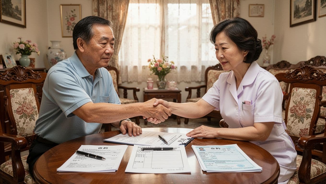 看護照服勞保投保指南:常見情境與步驟全整理 A middle-aged Taiwanese male family employer and female caregiver sign an employment contract in a traditional Taiwanese living room, with ID documents, insurance forms, pen, and contract papers neatly on the table, focusing on their handshake in a professional warm atmosphere.