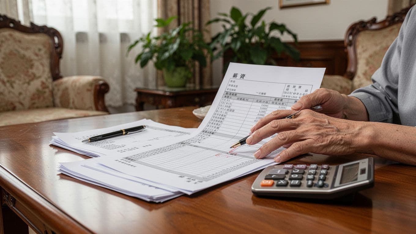 看護照服勞保投保指南:常見情境與步驟全整理 Hands of a middle-aged Taiwanese family employer at a wooden home table mark errors on labor insurance forms, salary sheets, and bank payment records, with a simple setup including pen and calculator, in a traditional living room with curtains, green plants, and soft natural light.