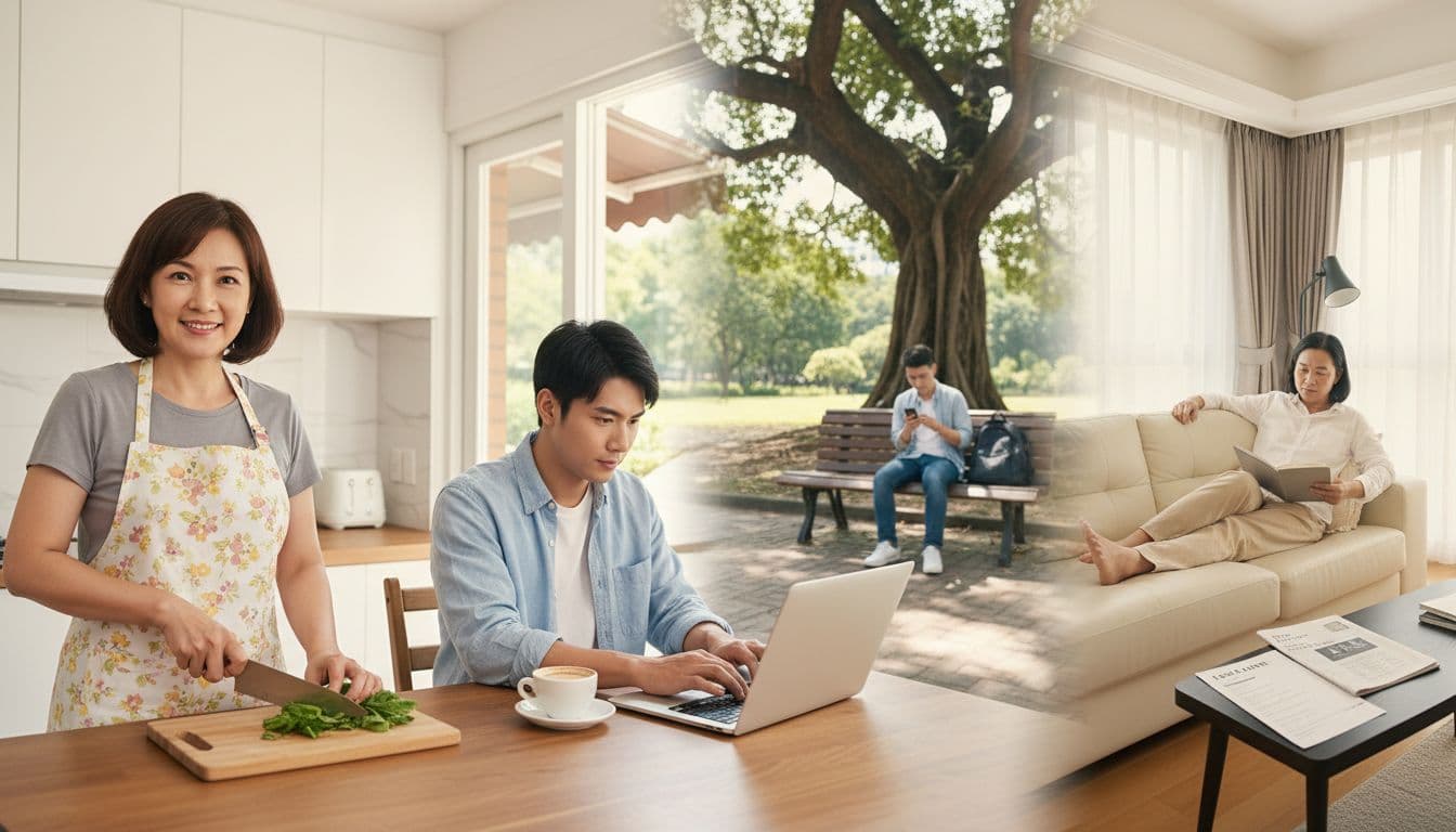 國民年金沒繳怎麼辦?對退休影響與補繳全指南 Photorealistic depiction of everyday Taiwanese people potentially needing national pension enrollment: smiling housewife chopping vegetables in kitchen, focused freelancer typing at cafe, thoughtful unemployed checking phone in park, and laid-off person relaxing with resume on sofa.