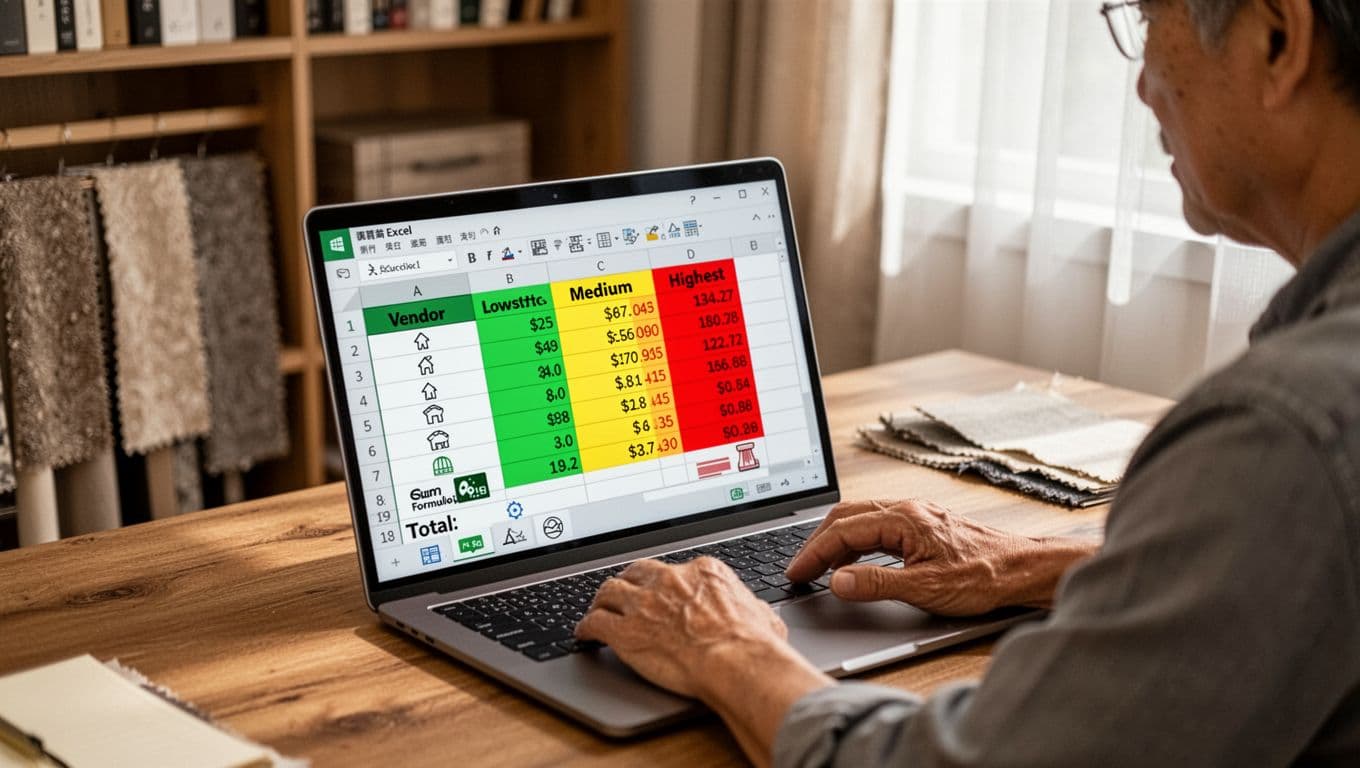 A middle-aged Taiwanese person sits in a cozy home study, working on a laptop displaying an Excel spreadsheet for curtain price comparison with conditional formatting highlighting lowest prices in green, medium in yellow, and highest in red. The scene features natural light, blurred bookshelves, fabric swatches, and sheer curtains, in a clean realistic photo style.