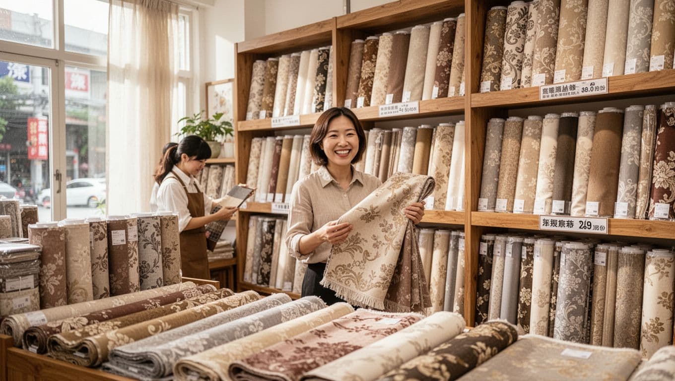 A bright Taiwanese fabric store interior with wooden shelves filled with rolls of curtain fabrics in classic earth tones and neutral patterns. One happy customer holds a fabric swatch from a local supplier shelf labeled with stock availability, soft natural light from large windows, foreground shows stable local fabrics, background has a clerk assisting in the background.