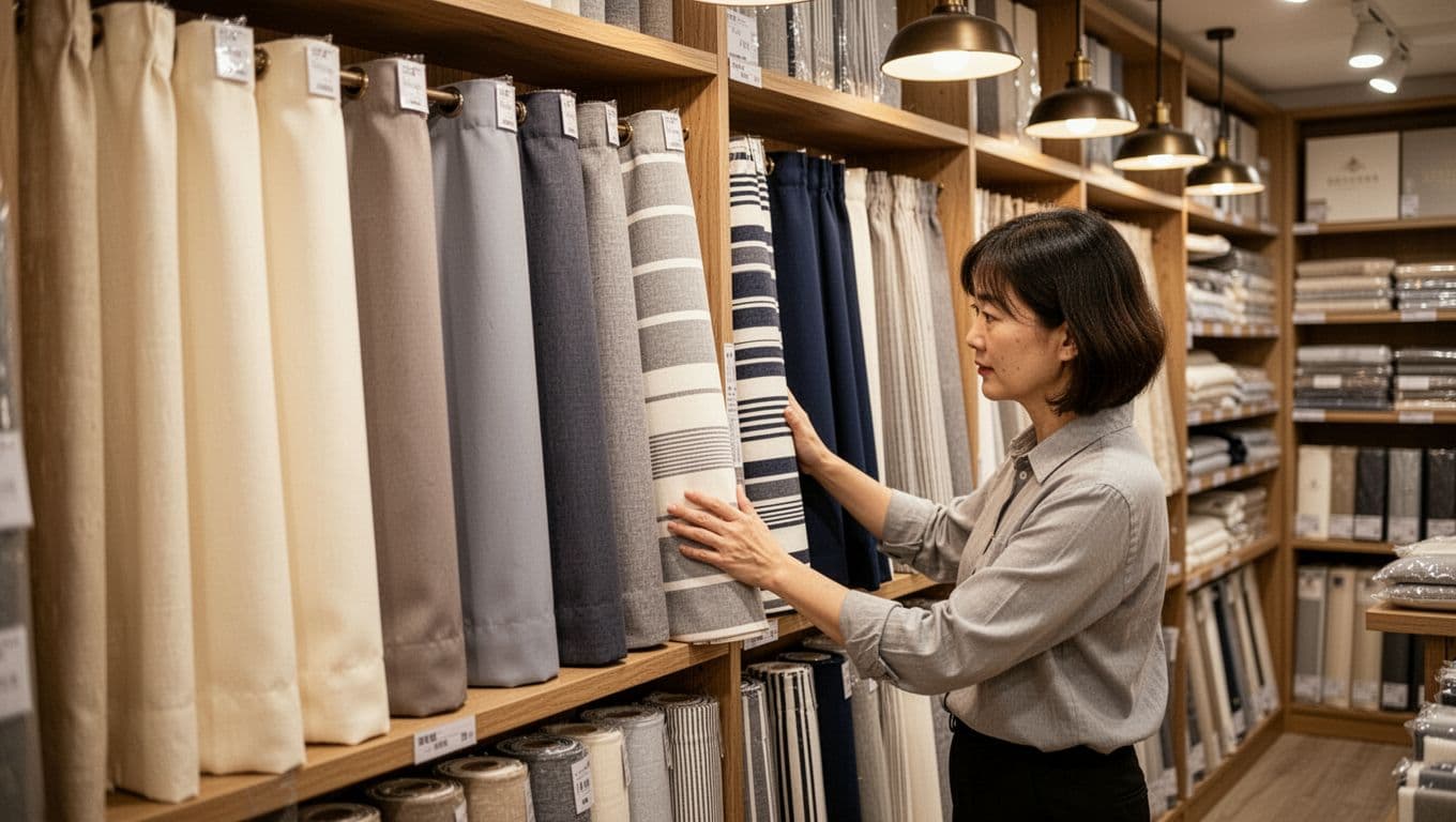 Taiwanese fabric store shelf displaying classic timeless curtain fabrics in neutral solids like cream, soft gray, navy, and subtle stripes. A single customer browses calmly with one hand resting on a roll, warm indoor lighting, serene mood.