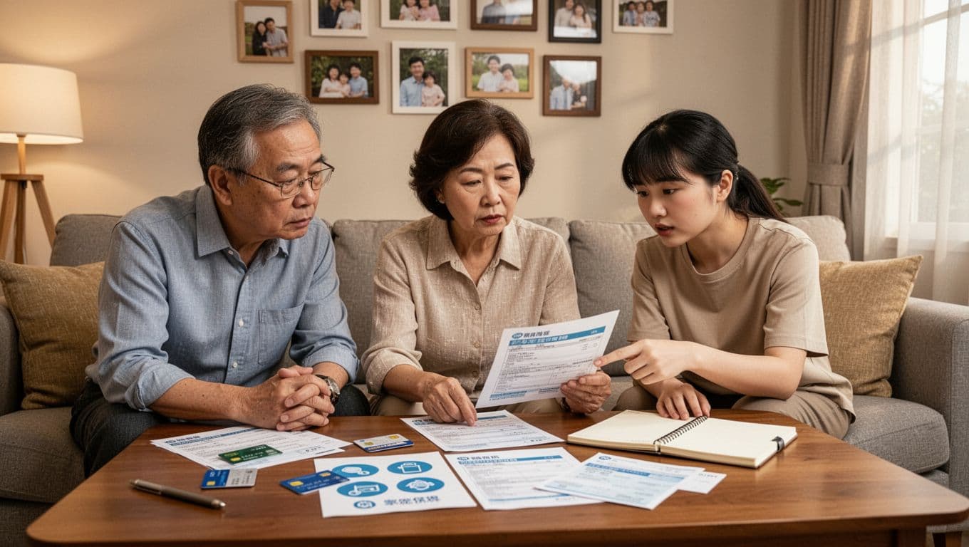 A middle-aged Taiwanese couple and their young adult child sit on a comfortable living room sofa, seriously reviewing health insurance cards and family policies with documents scattered on the table.