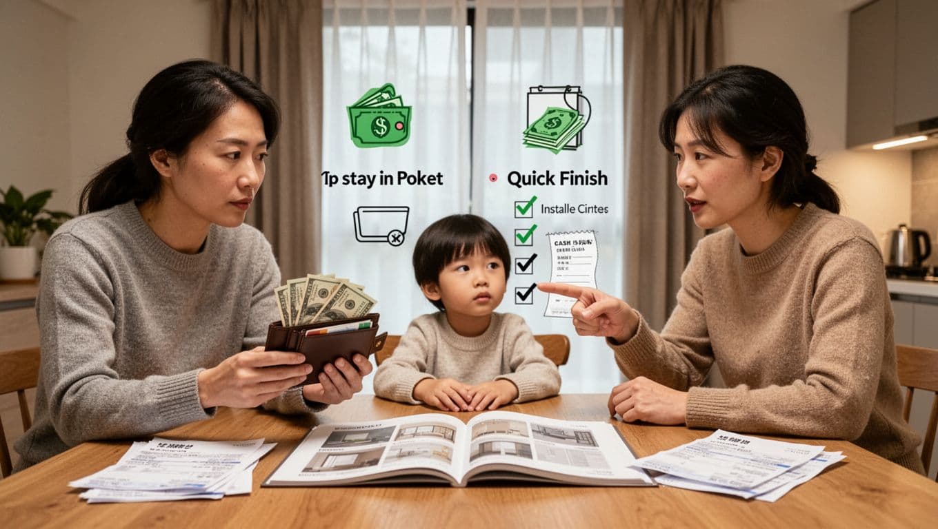 訂製窗簾付款要不要分期?常見流程與判斷要點 Photorealistic image of a Taiwanese family of two adults and one child at a modern dining table, reviewing finances with an open custom curtain catalog, wallet showing cash, and a checklist comparing cash flow options amid household bills and plain window curtains.