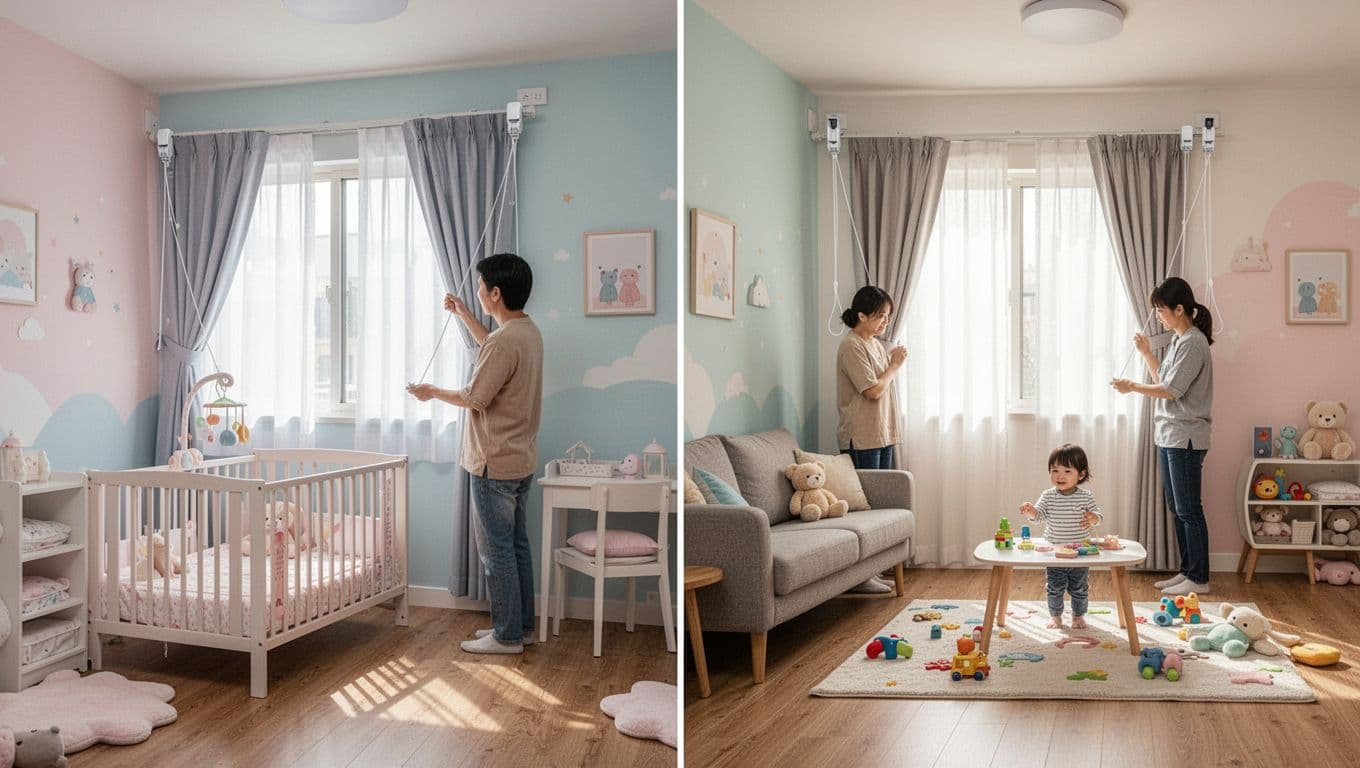 兒童安全窗簾配件會加價嗎?家長必懂真相 Side-by-side realistic scenes in a cozy Taiwanese family home: nursery with crib and breakaway cord devices on curtains, living room with high wall-mounted cord clips, two adults inspecting, warm natural light, peaceful safe mood.