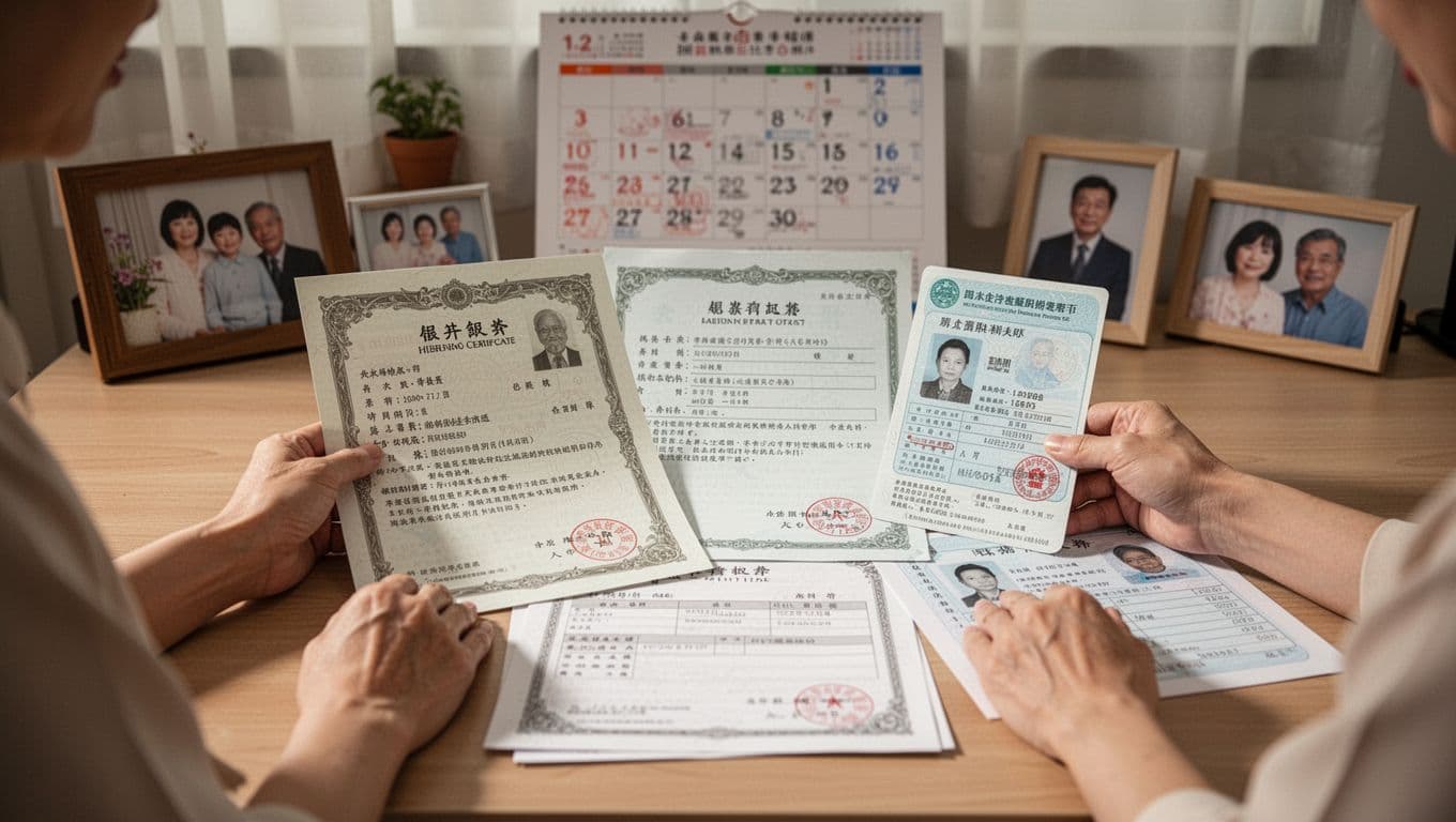 A detailed realistic scene of a Taiwanese family member at a home desk preparing labor insurance application documents for a deceased relative, holding death certificate, household registration, ID copy, relationship proof, and bank details amid warm lighting and family photos.