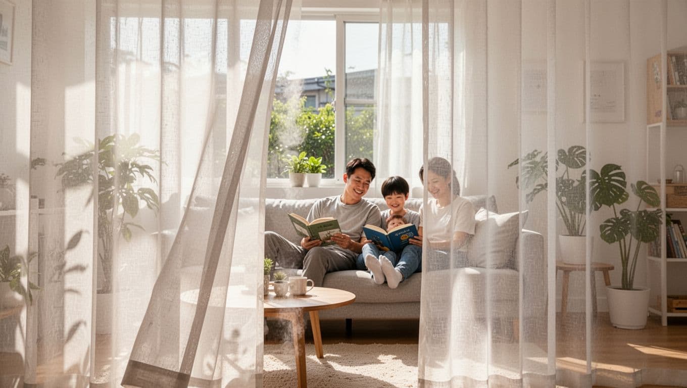 窗簾抗菌防霉布料加價多少?有必要升級嗎 A serene realistic scene of a clean Taiwanese home interior with pristine anti-mold curtains, two family members relaxing happily on the sofa reading books, bright natural sunlight, plants, and a cozy modern setup.