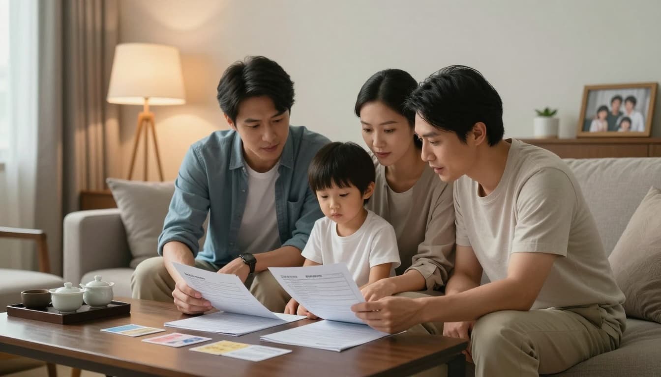 工會退保後健保身分怎麼變?3種接續方法一次搞定 A Taiwanese family of husband, wife in their 30s, and young child sits closely on a sofa in a cozy modern living room, reviewing health insurance documents on a low table. Warm ambient lighting and subtle Taiwanese home elements create a supportive discussion atmosphere in realistic photography style.