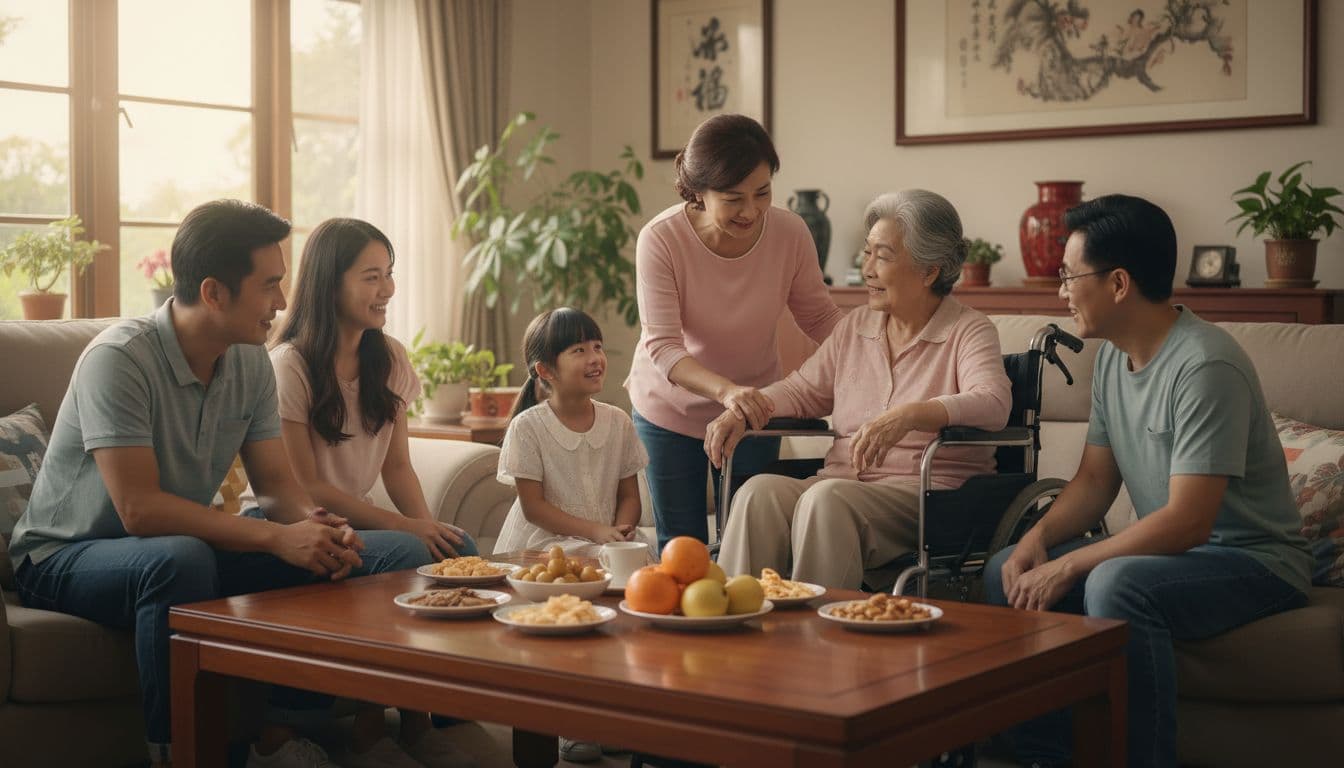 國民年金沒繳怎麼辦?對退休影響與補繳全指南 In a bright and cozy Taiwanese living room, a middle-aged woman gently assists her family member in a wheelchair as everyone gathers to chat and share food, conveying deep support and warmth.