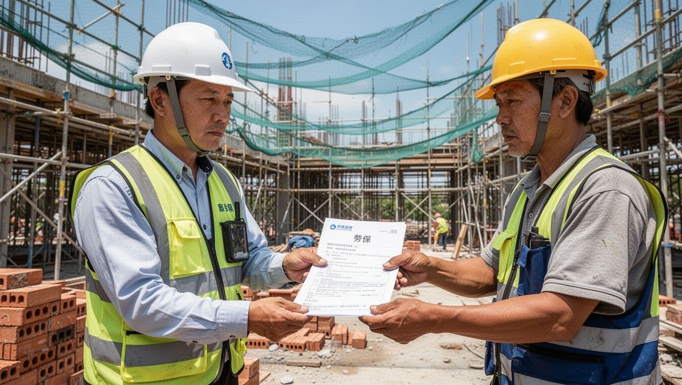 A Taiwanese construction foreman wearing a safety helmet and vest hands labor insurance documents labeled '勞保' to a serious day laborer at a busy construction site with scaffolding, bricks, and safety nets under a blue sky. The moment captures professional trust-building with midday sunlight, realistic photo style, and focus on the loosely held papers.