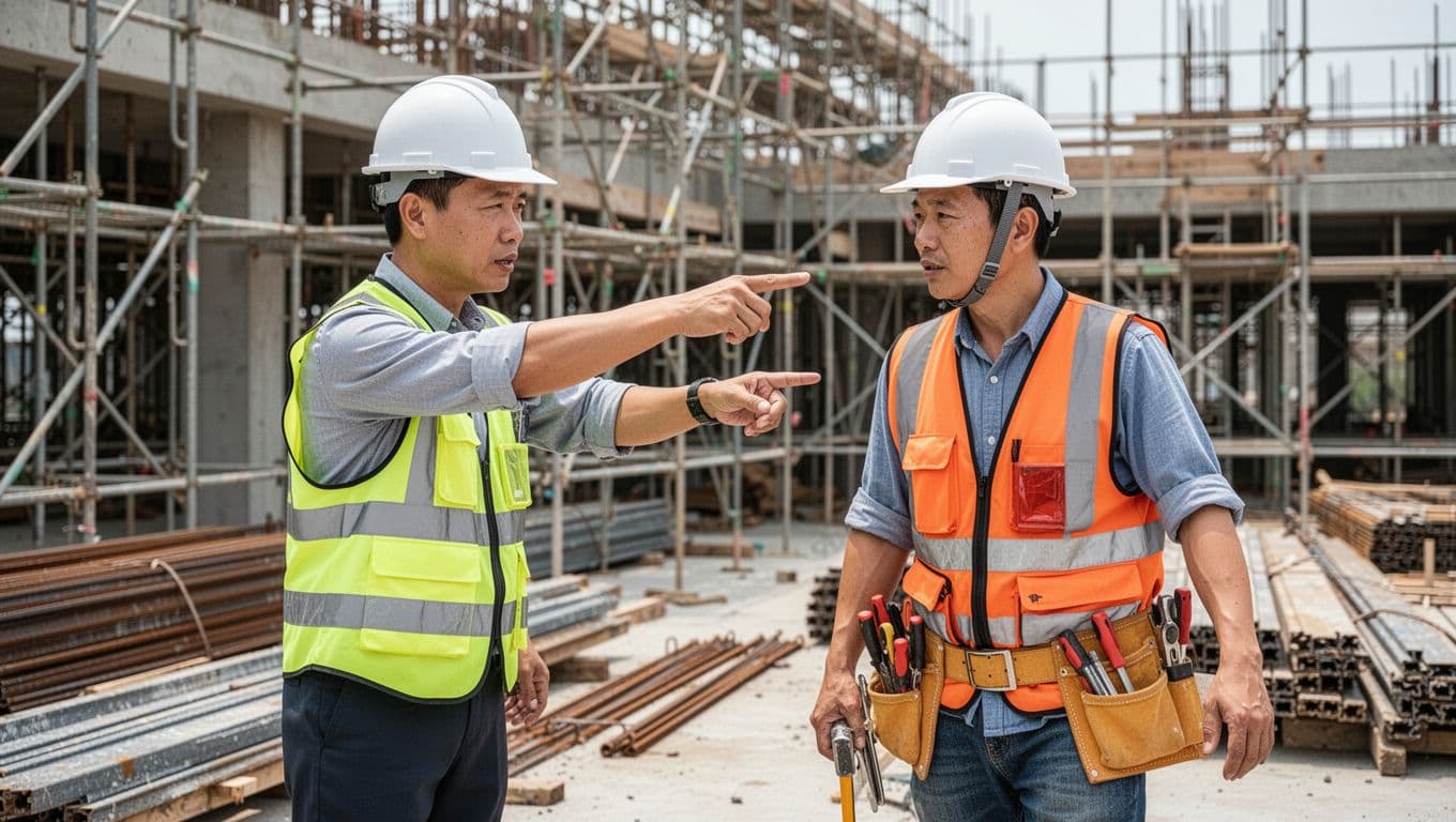 A Taiwanese construction foreman in a safety vest points and instructs a temporary worker carrying tools on a worksite with scaffolding and materials in the background, emphasizing close supervision.
