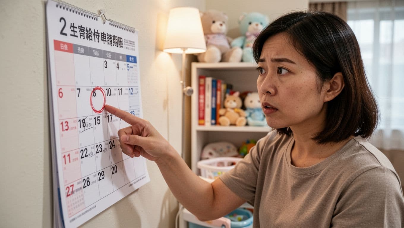 接案媽媽生育給付怎麼領:條件、金額與申請流程全解析 A focused Taiwanese freelance mother stands beside her home wall calendar, using her finger to highlight the circled maternity benefit application deadline. The realistic photo emphasizes her hand and calendar in sharp focus, with a soft background of bookshelves, baby supplies, and natural indoor lighting.