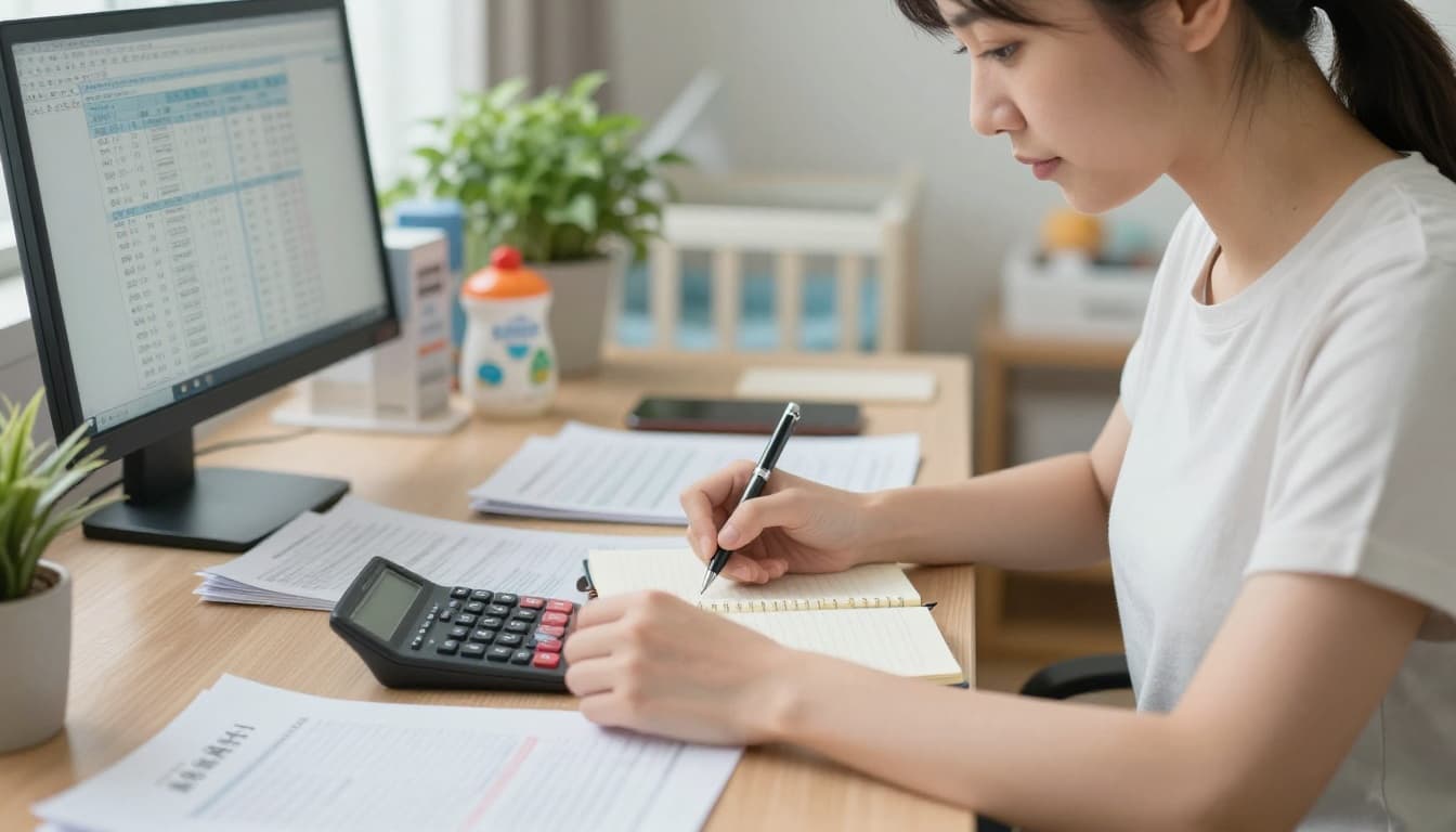 接案媽媽生育給付怎麼領:條件、金額與申請流程全解析 A Taiwanese freelance mom sits at a bright home office desk, holding a calculator and notebook while focused on computing labor insurance premium salary figures, surrounded by scattered payslips and a computer screen displaying average salary formulas, with baby supplies and green plants in the background under warm natural light.