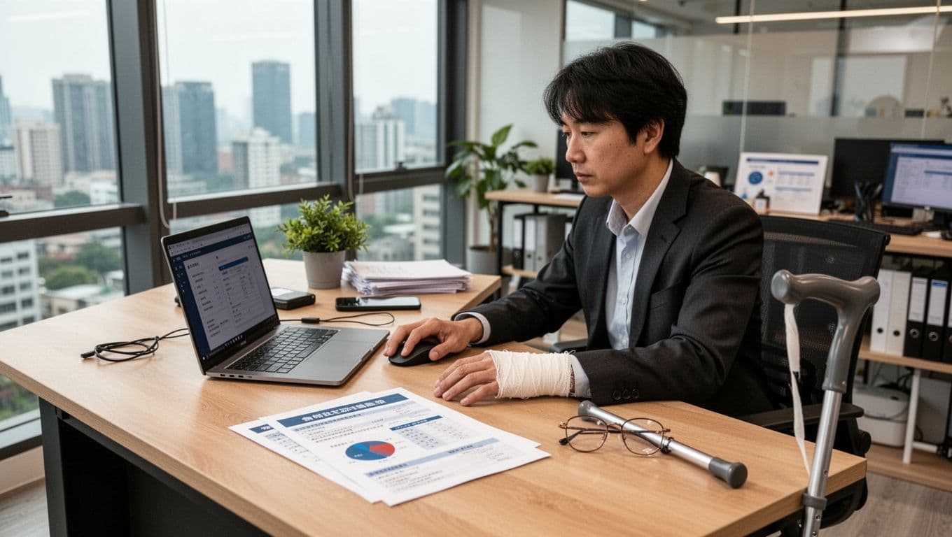 接案者意外失能,勞保能給多少保障? A Taiwanese freelance photographer sits alone at a modern office desk with a laptop and abstract labor insurance calculation documents, hands lightly on the mouse, subtle disability symbols like bandaged hand, glasses, and crutches nearby in a warm-toned studio with natural light.