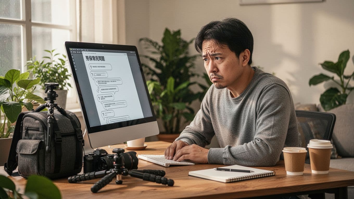 攝影師接案勞保怎麼保?職業工會投保 + 10 個常見問題解答 A Taiwanese freelance photographer sits focused at a comfortable home office desk, viewing an abstract labor insurance common questions page on a slightly tilted computer screen. The desk holds a camera backpack, tripod, and notebook, surrounded by green plants and a coffee cup, in warm natural window light with realistic high-detail textures and a puzzled yet serious facial expression.