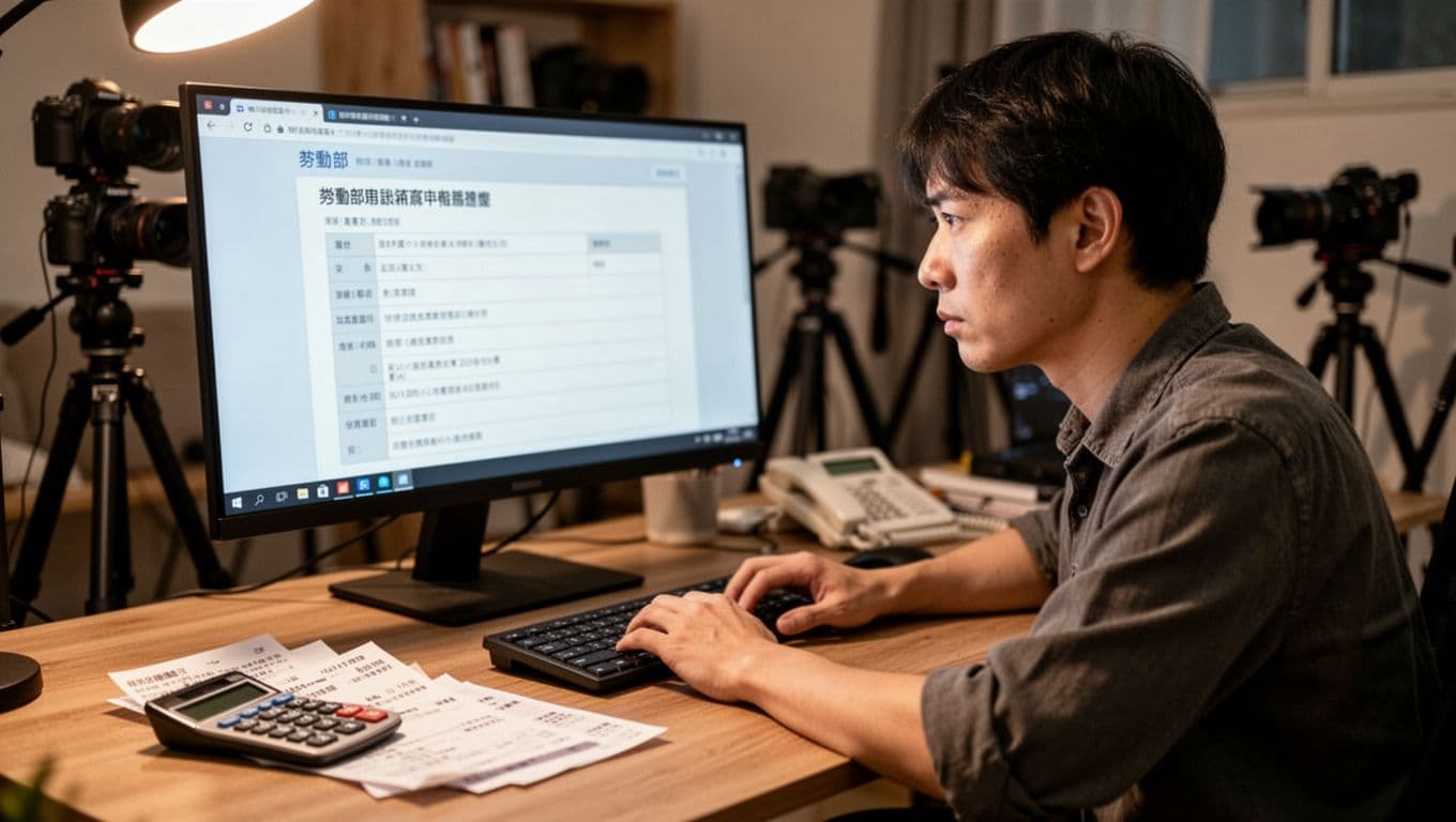 攝影師接案勞保怎麼保?職業工會投保 + 10 個常見問題解答 A Taiwanese freelance photographer at a home office desk uses a computer to submit a salary declaration error complaint to the Ministry of Labor, with a blurred form on screen, receipts, calculator, and phone on the desk, photography gear in the background, warm lighting, and a determined expression.