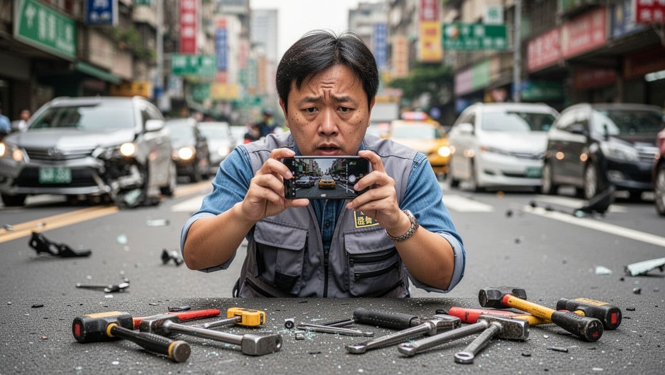 接案者意外失能,勞保能給多少保障? A concerned Taiwanese freelancer holds a phone naturally in two hands to photograph evidence at a street accident scene after a work incident, with scattered tools nearby and blurred urban Taipei traffic in the background.